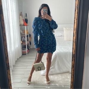 ZARA Blue & Black Floral Long Sleeve Dress